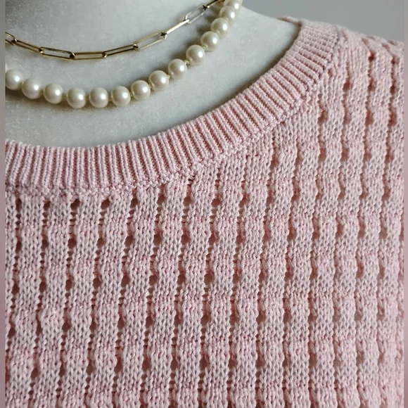 Talbots Cotton Blend Basket Weave Knit 3/4 Sleeve Pastel Pink Sweater Sz Medium - Picture 3 of 17